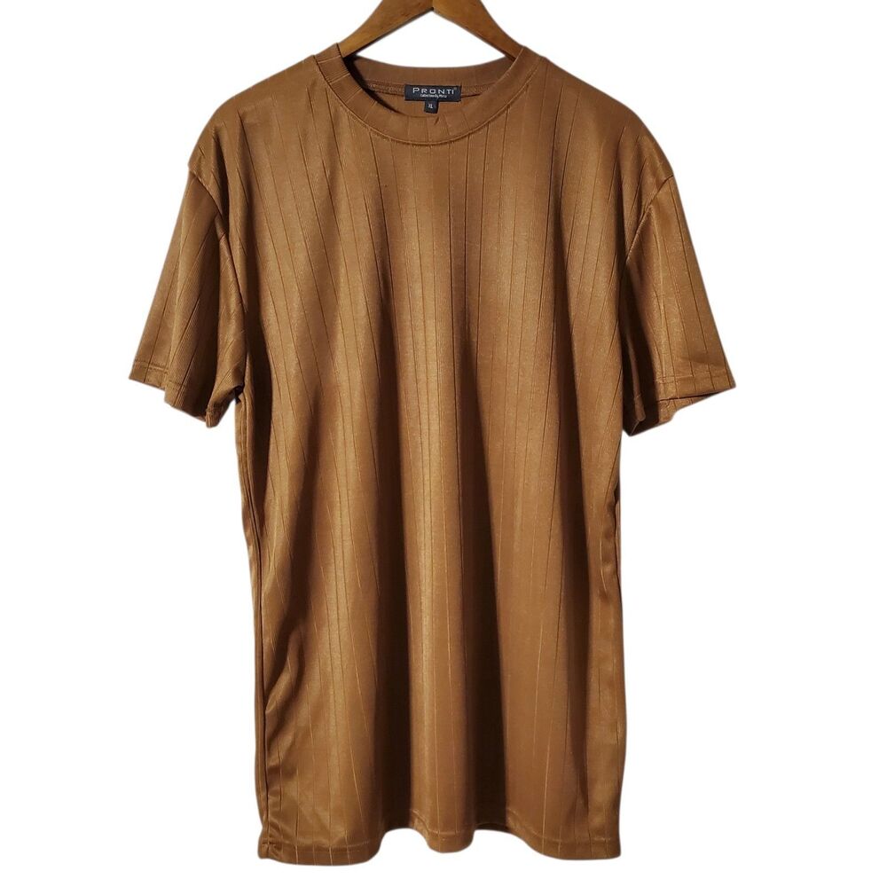 Pronti Collection Phita Shirt XL Metallic Gold Mock Neck Slinky Ribbed Mens